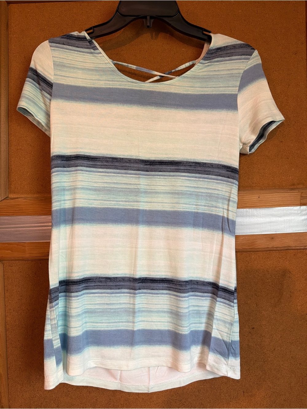 Cato beachy Striped Short-Sleeve Crisscross Back Top in Light Blue